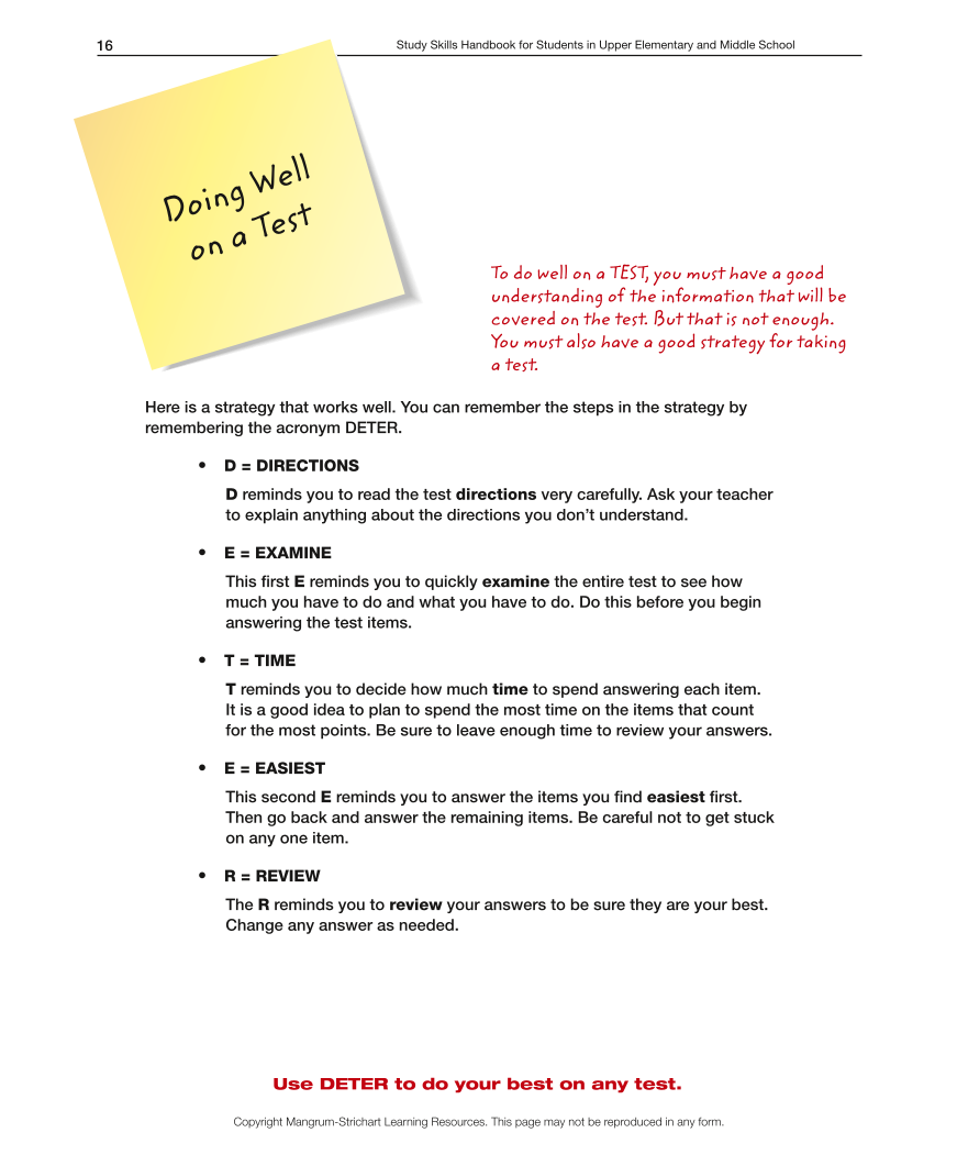 Upper Elementary/Middle School LD Study Skills Handbook - Doing Well on a Test