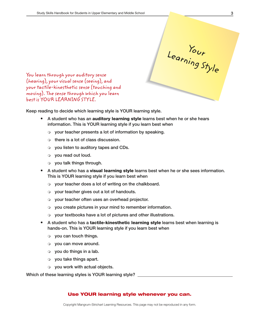 Upper Elementary/Middle School LD Study Skills Handbook - Your Learning Style