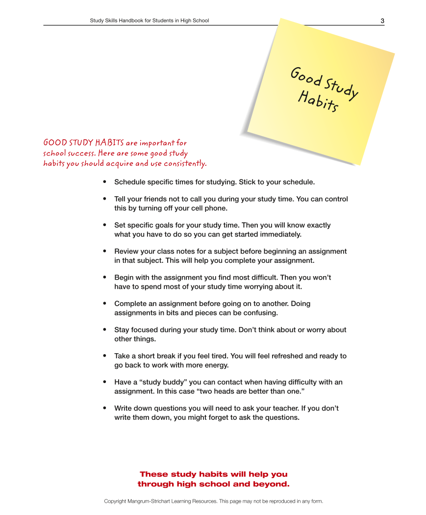 High School LD Study Skills Handbook - Good Study Habits